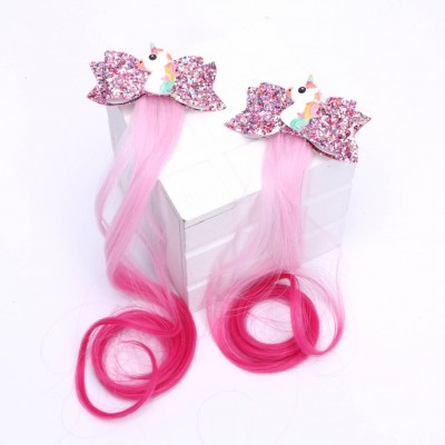 European And American Girl Bow Tie Clip Colorful Wig Gradient Color Rainbow Braid Unicorn Glitter Hair Clips